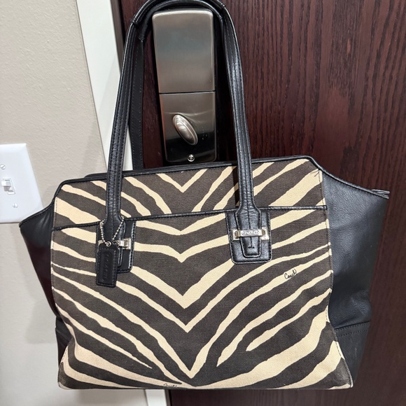 Coach “Taylor” L1382-F27009 Cream & Brown Zebra Print Leather & Canvas Tote/Bag - Picture 1 of 12